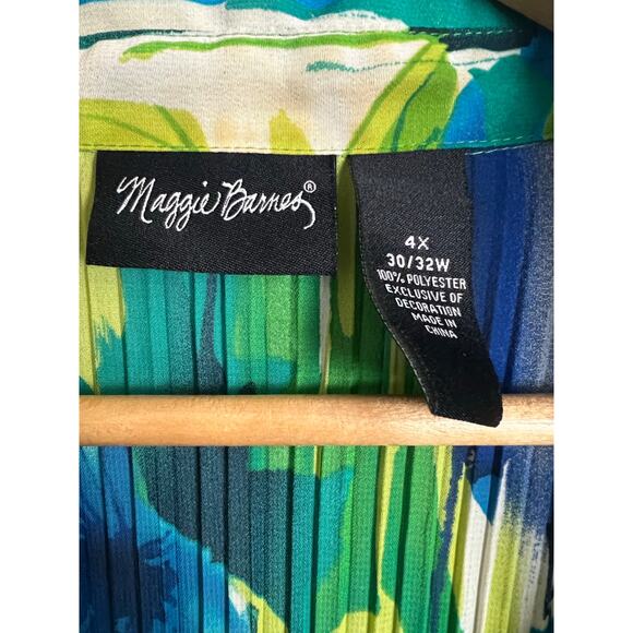 Maggie Barnes Blouse Women's 4X Green Blue Floral Print Pleated Long Sleeve Top - Picture 6 of 6